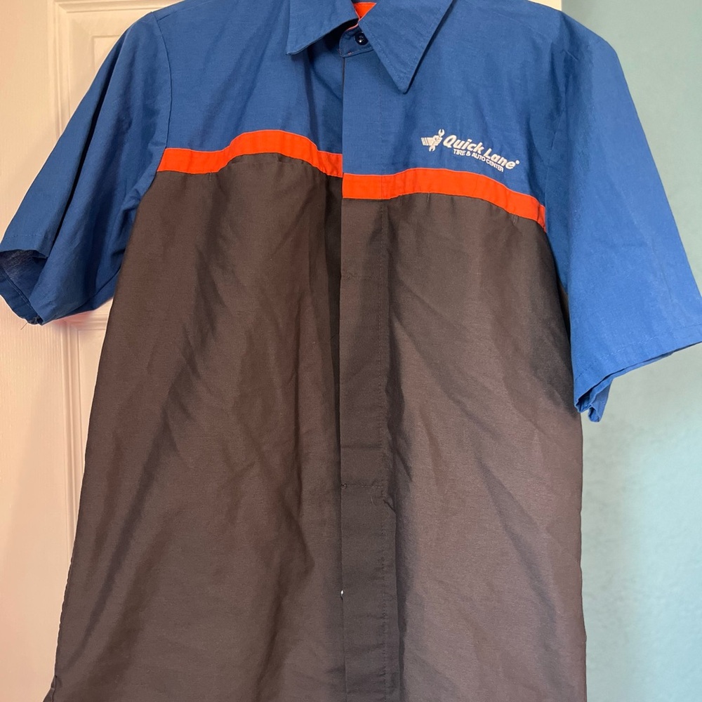 Blue and Gray Short Sleeve Shirt with Orange Stripe